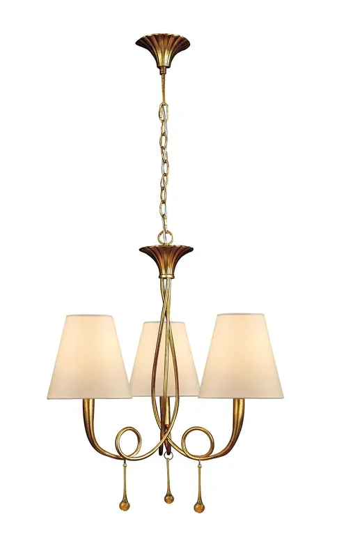 Mantra M0542 Paola Pendant 3 Light E14, Gold Painted With Cream Shades & Amber Glass Droplets • M0542