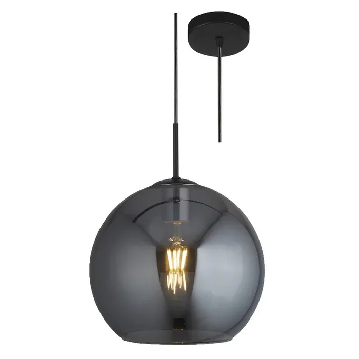 Matt Black & Smoked Glass Dome Globe Pendant Light 30cm