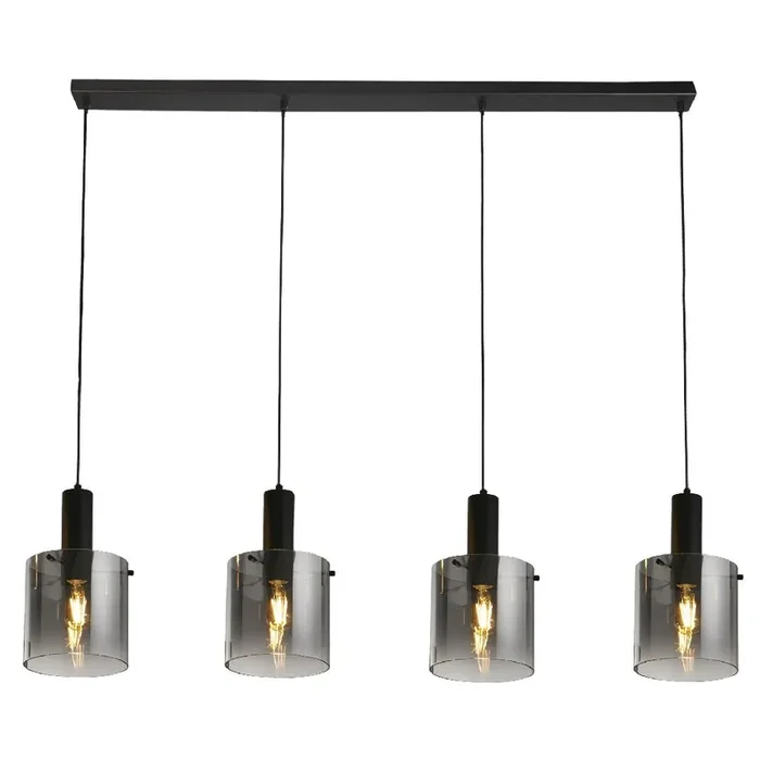 Matt Black & Smoked Ombre Glass Cylinder Vintage 4 Lamp Bar Pendant 142cm