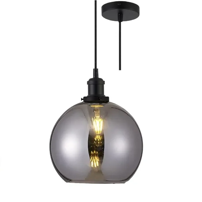 Matt Black & Smoked Round Dome Glass Vintage Pendant Ceiling Light 250mm