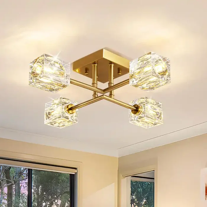 Modern Gold 4-Light Crystal Ceiling Light – Semi Flush Mount Sputnik Chandelier with Rectangular K9 Crystals for Hallway, Bedroom, Corridor