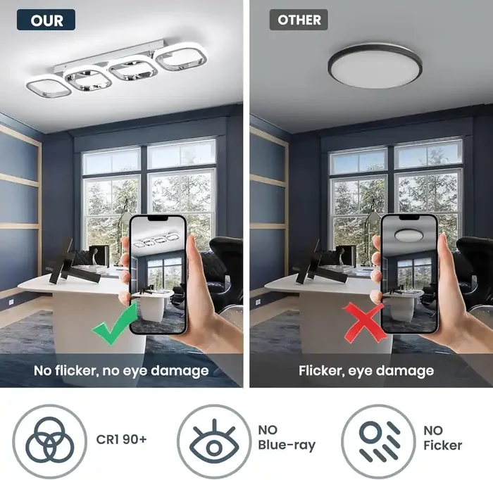 Modern LED Ceiling Lights, 4 Square White Ceiling Lamp 44W Cool White, Chrome Aluminum & Acrylic Ceiling Fixture for Bedroom, Living Room, Kitchen, Office, Hallway