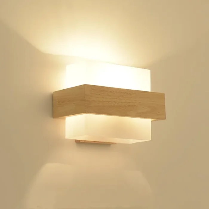 Modern Square Wooden Glass Wall Light – E27 Base Indoor Wall Sconce