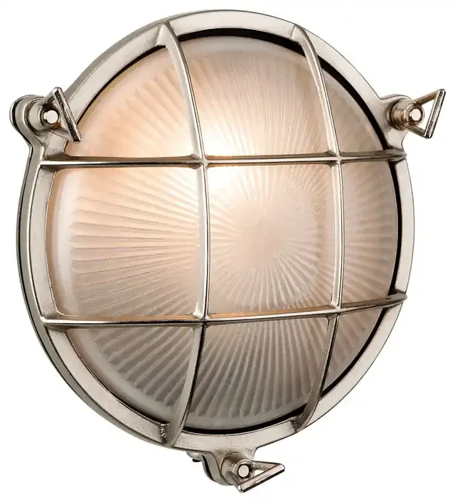 Nautic Nickel with Frosted Glass Round IP44 Wall or Flush Ceiling Fitting