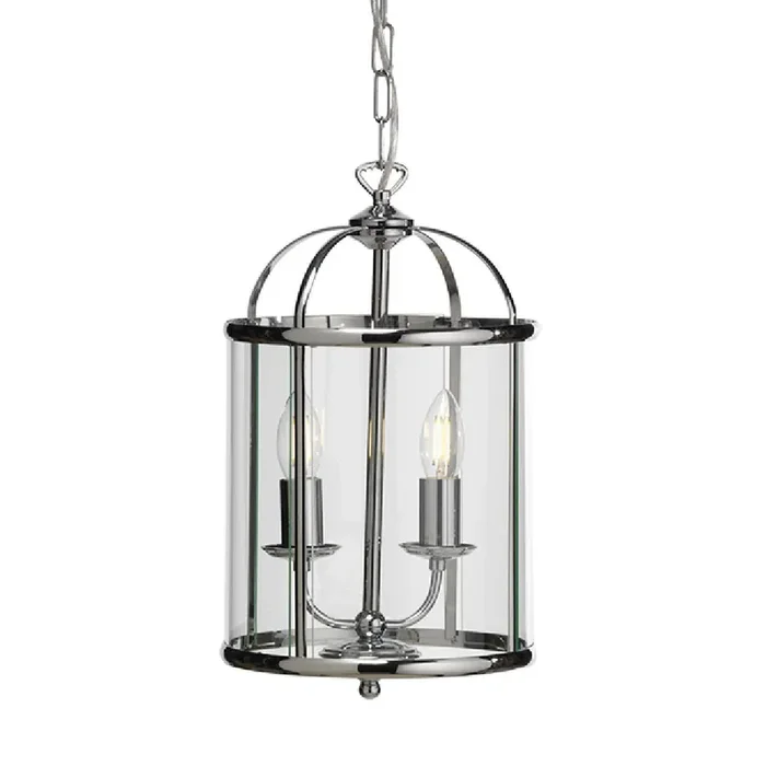 Oaks 351/2 CH Fern Polished Chrome & Clear Glass Panel 2 Lamp Vintage Lantern Pendant