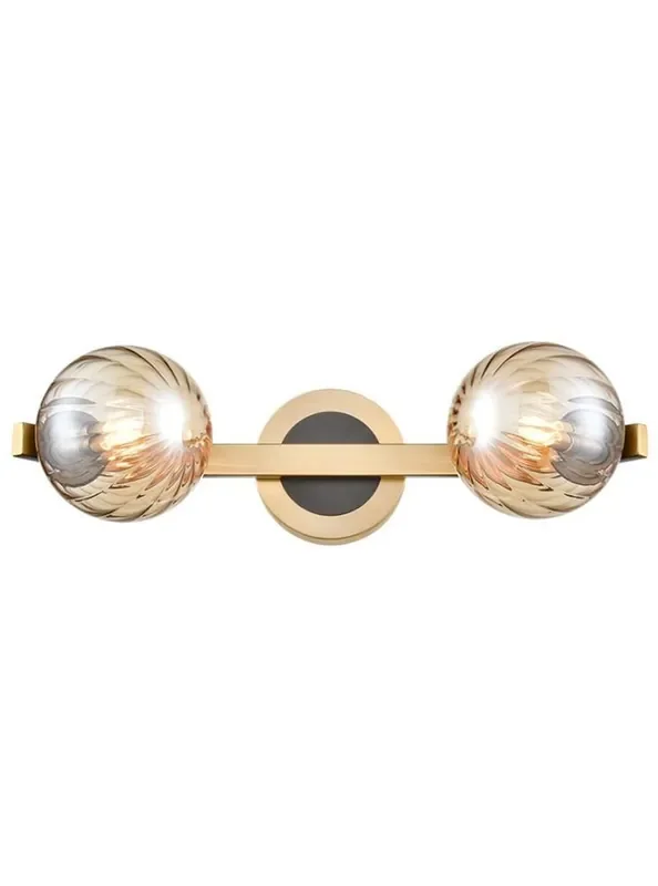 Oculus 2 Light Matt Black and Aged Brass with Amber Ribbed Sphere IP44 Bathroom Wall Light