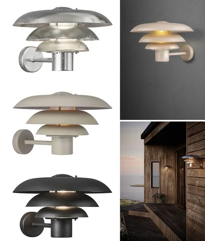 Outdoor Wall Light with Layered Scandi Shade – Low Glare Design in Black, Galvanised or Sand, IP44