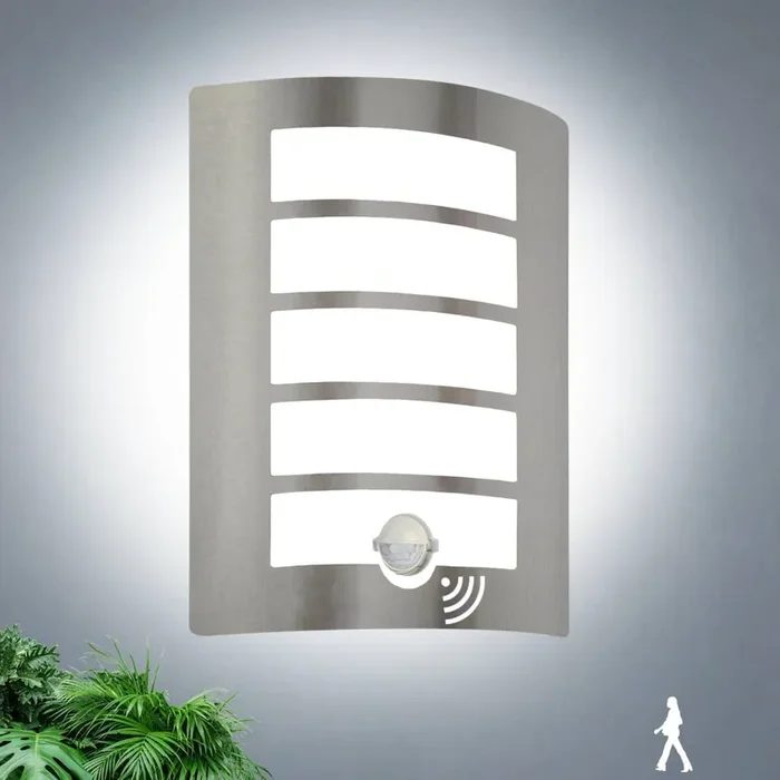 Outdoor Wall Lights with PIR Motion Sensor – Stainless Steel IP44 Waterproof Curved Wall Lamp with 12W E27 Bulb, Cool White 6000K, Mains Powered