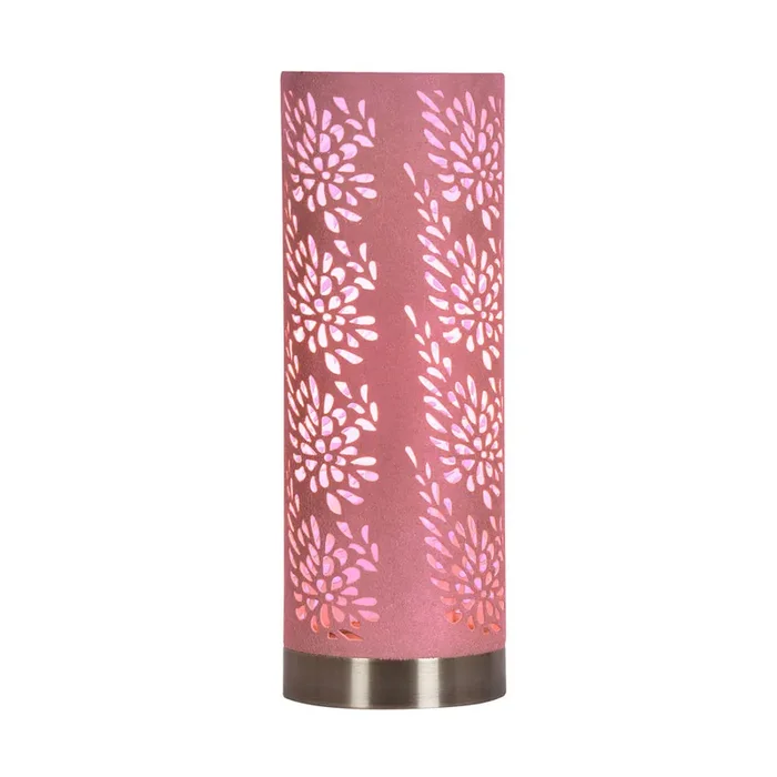 Pale PInk & Antique Brass Floral Etch Cylindrical Touch Table Lamp