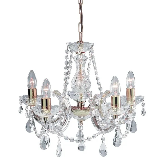 Polished Brass 5 Lamp Crystal Chandelier Pendant Light 480mm