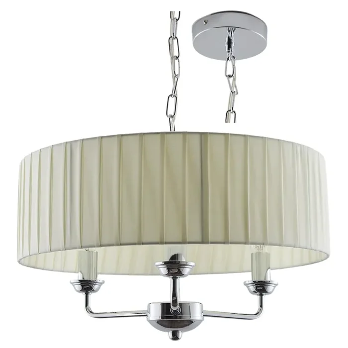 Polished Chrome & Cream Pleated Drum Shade 3 Lamp Pendant Ceiling Light 45cm