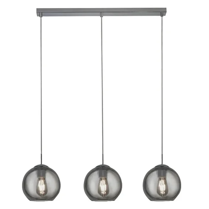 Polished Chrome & Smoked Glass Dome 3 Lamp Bar Pendant Light 86cm