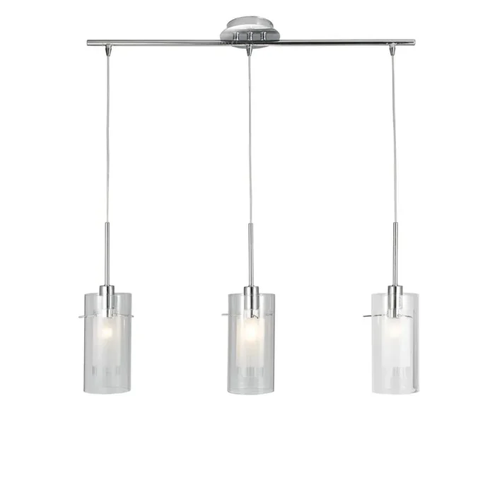 Polished Chrome 3 Lamp Bar Pendant with Clear Cylinder Glass Shades 710mm