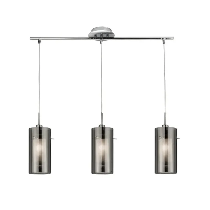 Polished Chrome 3 Lamp Bar Pendant with Smoked Cylinder Glass Shades 710mm
