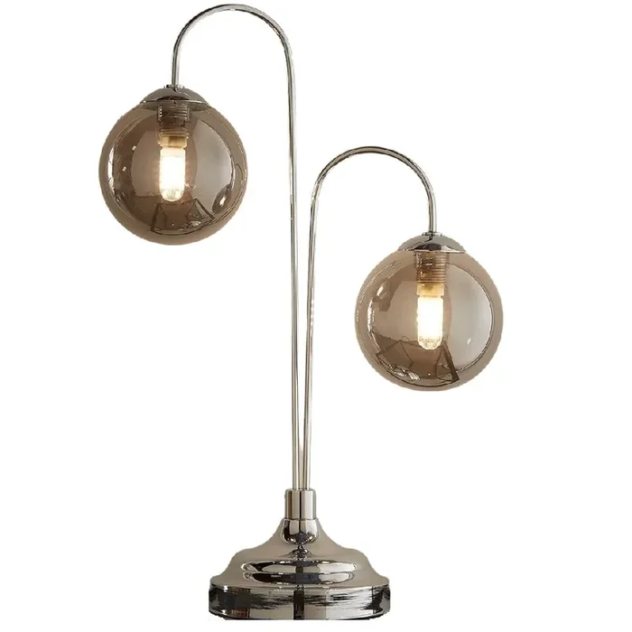 Polished Chrome Modern Twin Stem Table Lamp with Smoked Glass Shades 41cm