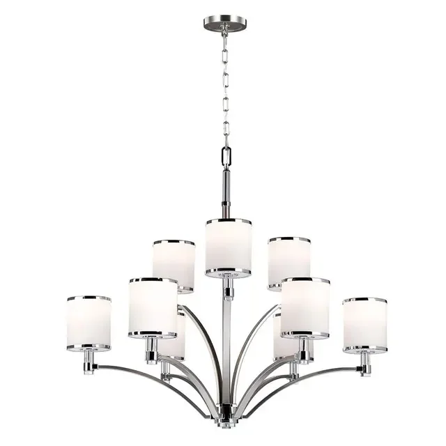 Prospect 9 Light Satin Nickel with White Shades Chandelier