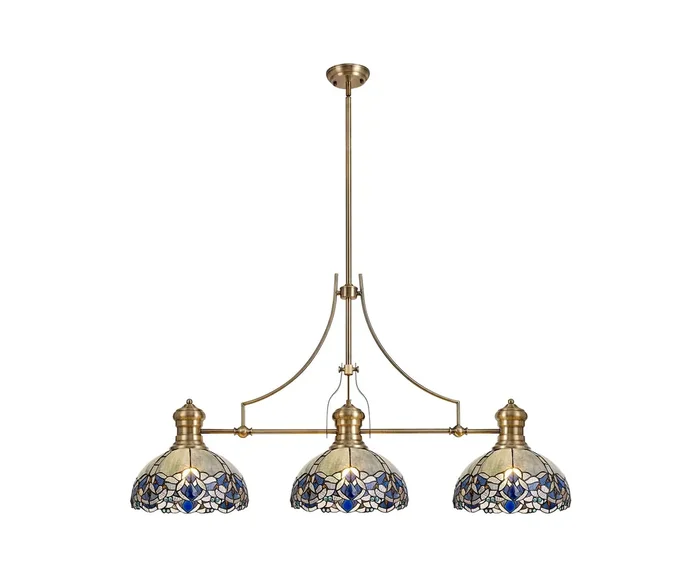 Regal Lighting SL-1009 3 Light Tiffany Pendant Antique Brass With Blue And Clear Crystal Shades