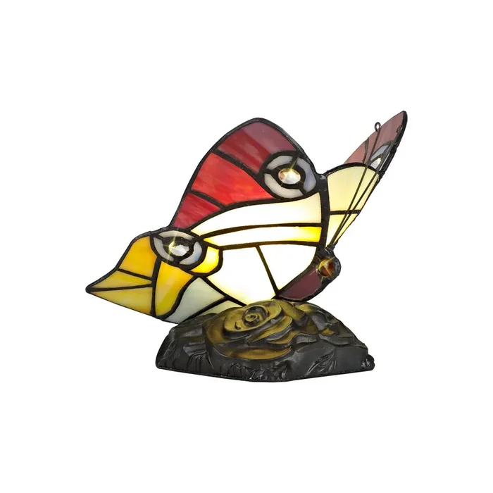 Regal Lighting SL-1998 1 Light Butterfly Tiffany Table Lamp Red, Yellow And Blue With Clear Crystal Shade
