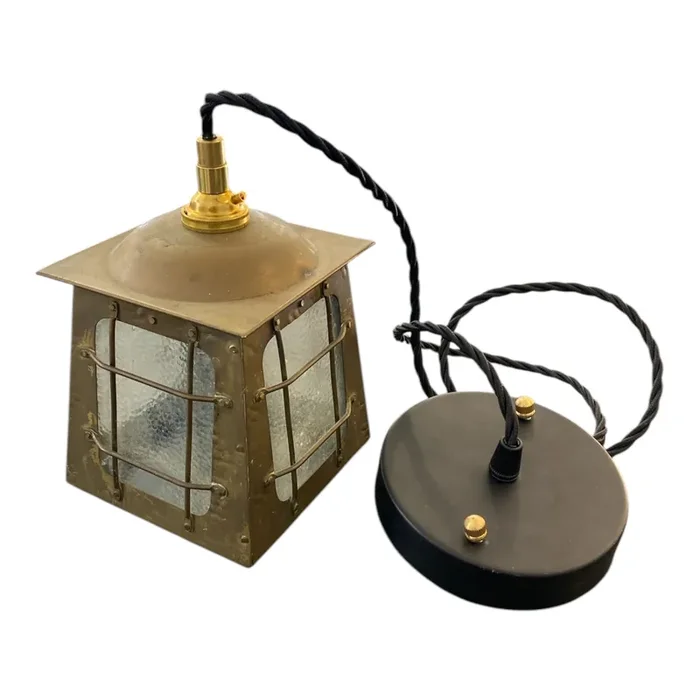 Restored Victorian Mini Ceiling Lantern in Brass and Black with Dimpled Glass