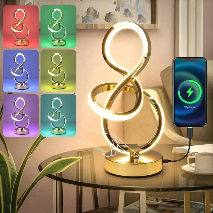 RGB Bedside Table Lamp with Touch Control, 6 Color Changing, 3-Level Warm White Dimmable Nightstand Lamp with USB Ports (Gold)