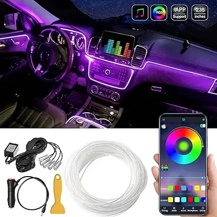 RGB LED Car Interior Strip Light In UK – IP22 Waterproof, 16 Million Colors, Wireless, Bluetooth App Controller, 236 Inches Fiber Optic, Music Mode, Timer Mode, 29 Preset Modes, Ambient Lighting for Cars, Trucks, Cabinets,