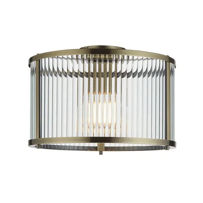 Ridgeton Flush Ceiling Light With Antique Brass Framework and Ribbed Glass Panel Shade, 1x E27