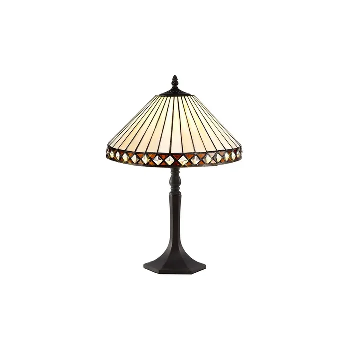 Rossi 1 Light Octagonal Table Lamp E27 With 30cm Tiffany Shade, Amber-Cream-Crystal-Aged Antique Brass