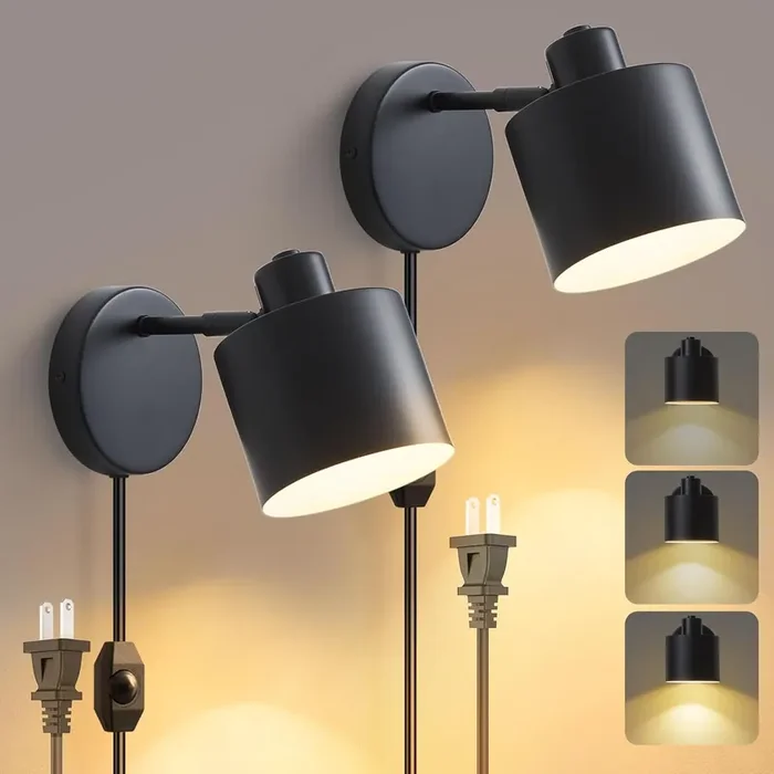 Rotatable Plug-In Wall Light with Switch – Dimmable Black Metal Wall Lamp for Bedroom, Living Room, Hallway – 2 Pack, E27 Base