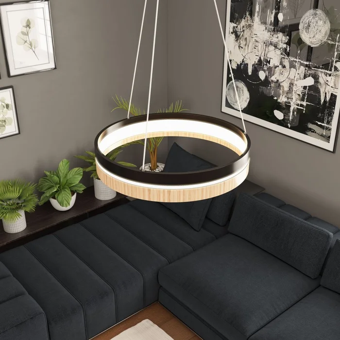 Round Chandelier, Matte Black + Wood Finish, 33W, 3000K (Warm White), 961 Lumens, Dimmable Pendant
