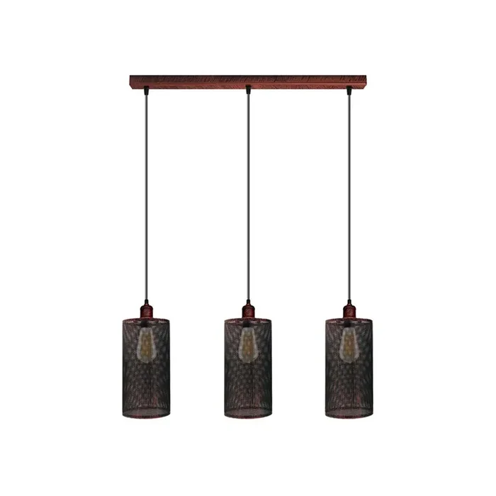 Rustic Red Cage Cylinder 3 Light Pendant – With Bulbs