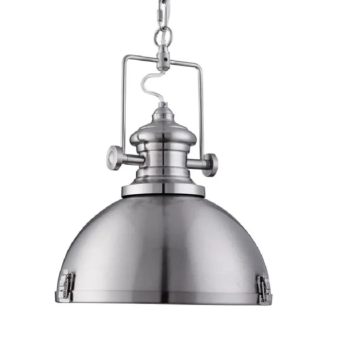 Satin Chrome & Holophane Lens Industrial Metal Dome Pendant Light 31cm