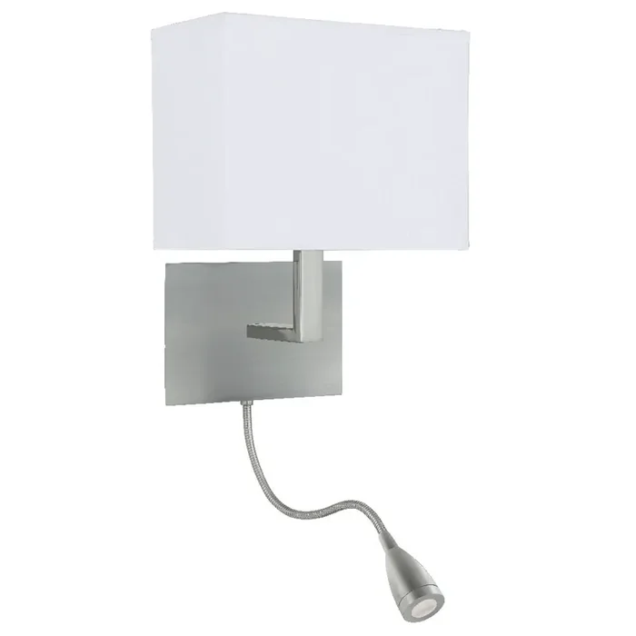 Satin Chrome & LED Reading Flexi Arm Modern Wall Light with White Rectangle Shade 26cm
