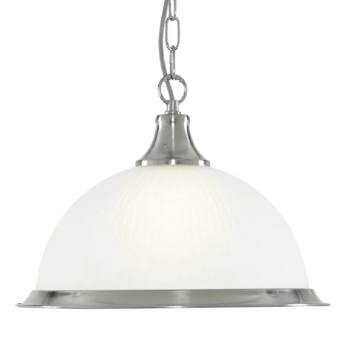 Satin Chrome & Opal Ribbed Glass Vintage Dome Pendant Light 34cm
