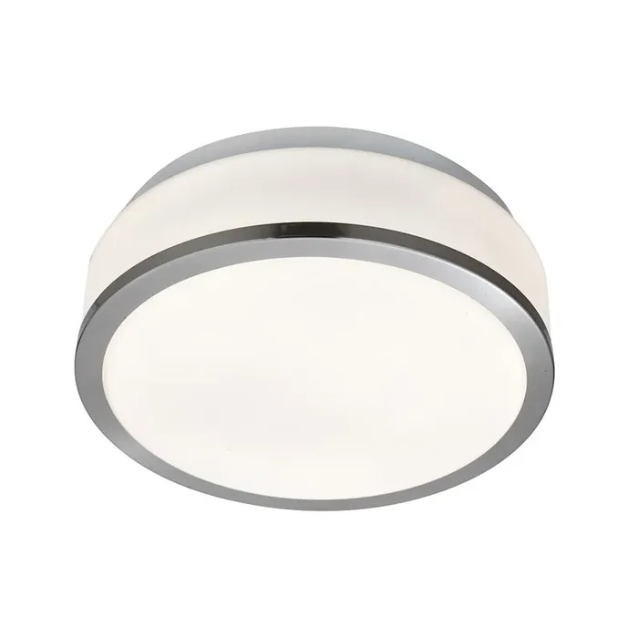 Satin Chrome Bathroom Modern Round Flush Light with Glass Shade 230mm