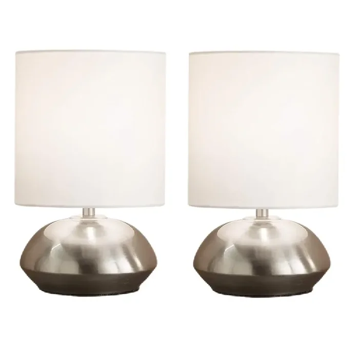 Satin Chrome Modern Touch Table Lamps with White Cylindrical Drum Shade 23cm Twin Pack