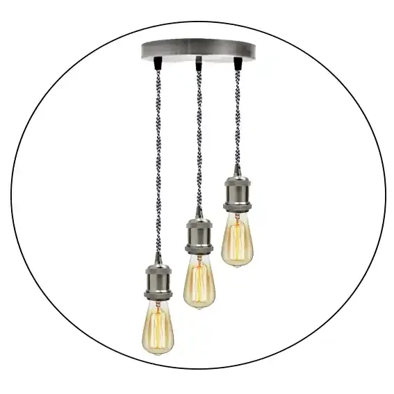 Satin Nickel 3 Head Pendant Braided Fabric Flex Lamp Holder Fitting~1622