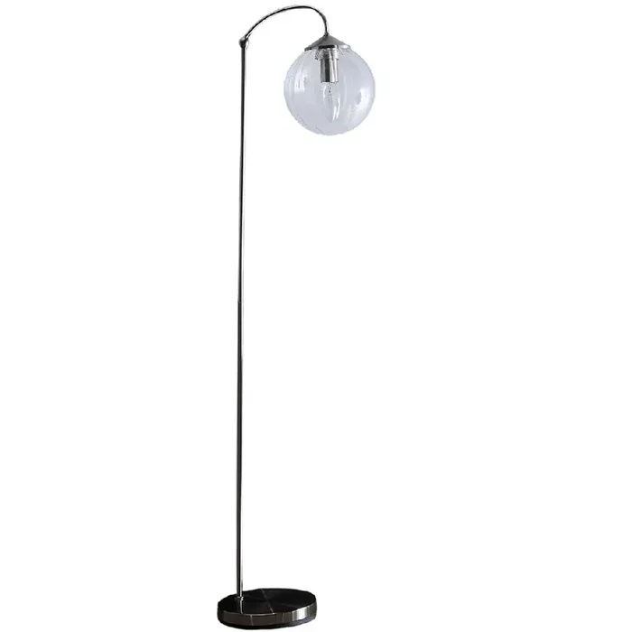 Satin Nickel Modern Arch Floor Lamp with Clear Ribbed Glass Globe 155cm