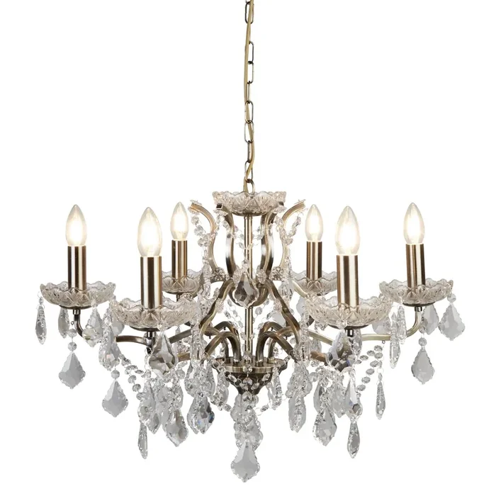 Searchlight Paris 6Lt Chandelier, Clear Crystal Drops & Trim, Antique Brass • 8736-6AB
