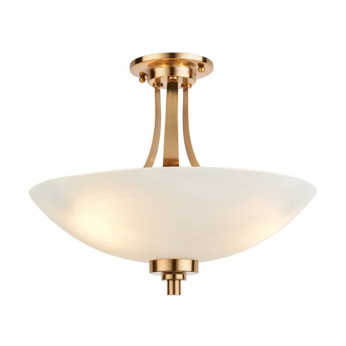 Semi flush light with an aged brass finish complete with a white painted glass shade which has a faint line pattern. (0711WEL112438)