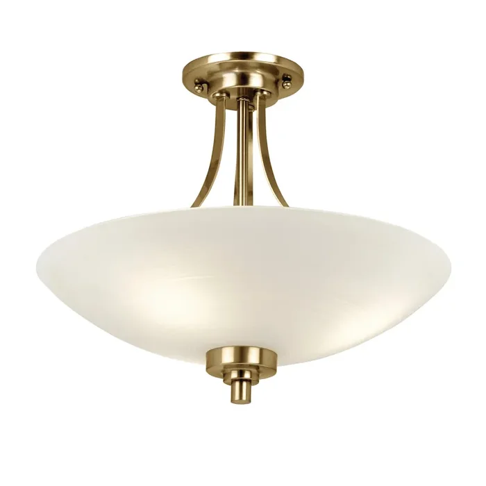 Semi flush light with an antique brass finish complete with a white painted glass shade which has a faint line pattern. (0711WEL3AB)