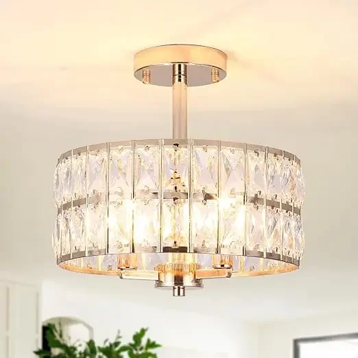 Semi Flush Mount Crystal Ceiling Light – 3 Light Brushed Gold Chandelier