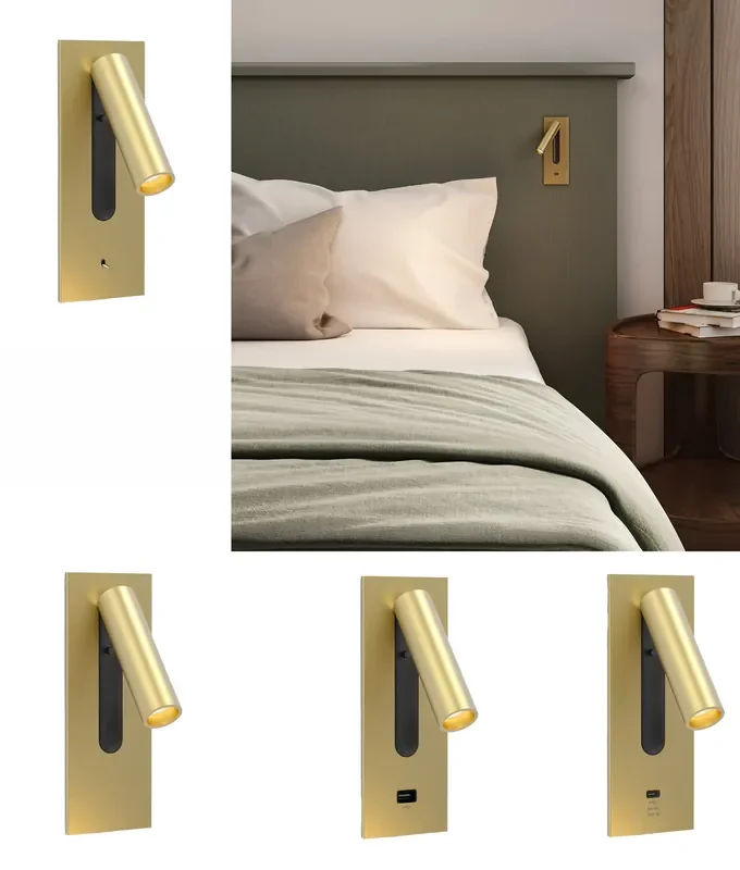 Semi-Recessed LED Adjustable Reading Light in Matt Gold with USB Port and Multiple Switch Options