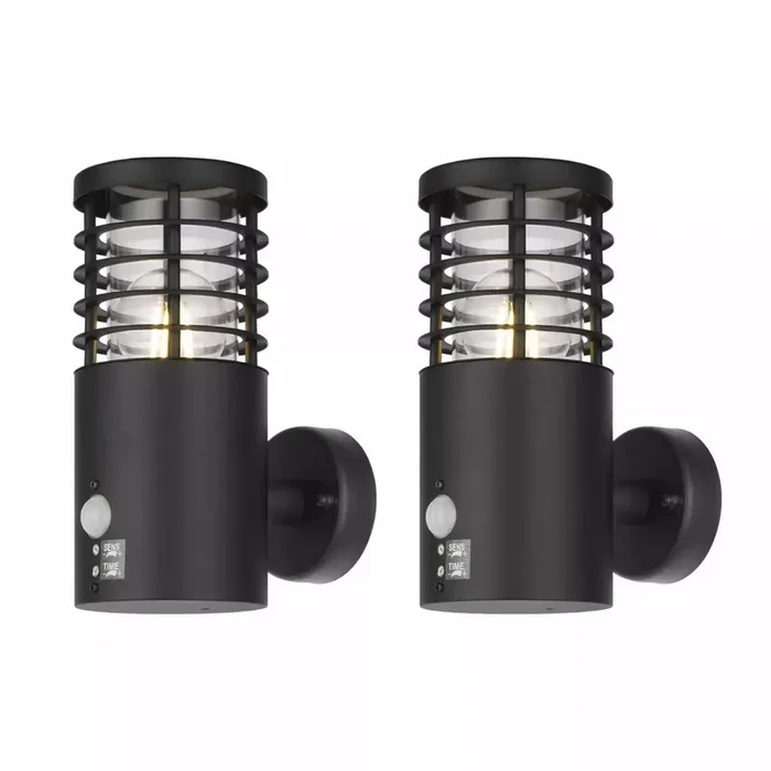 Set of 2 Modern Black Outdoor PIR Motion Sensor Wall Lights – IP44