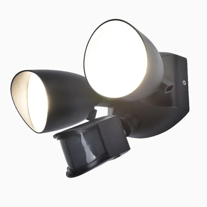 Shrimp LED Matt Black Outdoor Double Head Flood Wall Light with PIR 1700lm CW