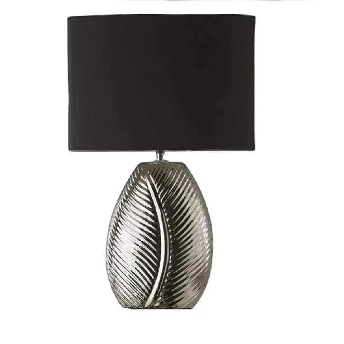 Silver Ceramic Leaf Design Modern Table Lamp with Black Oval Lamp Shade 39cm