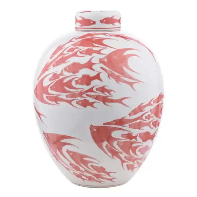 Simone Ceramic Coral and White Fish Pattern with Lid Jar