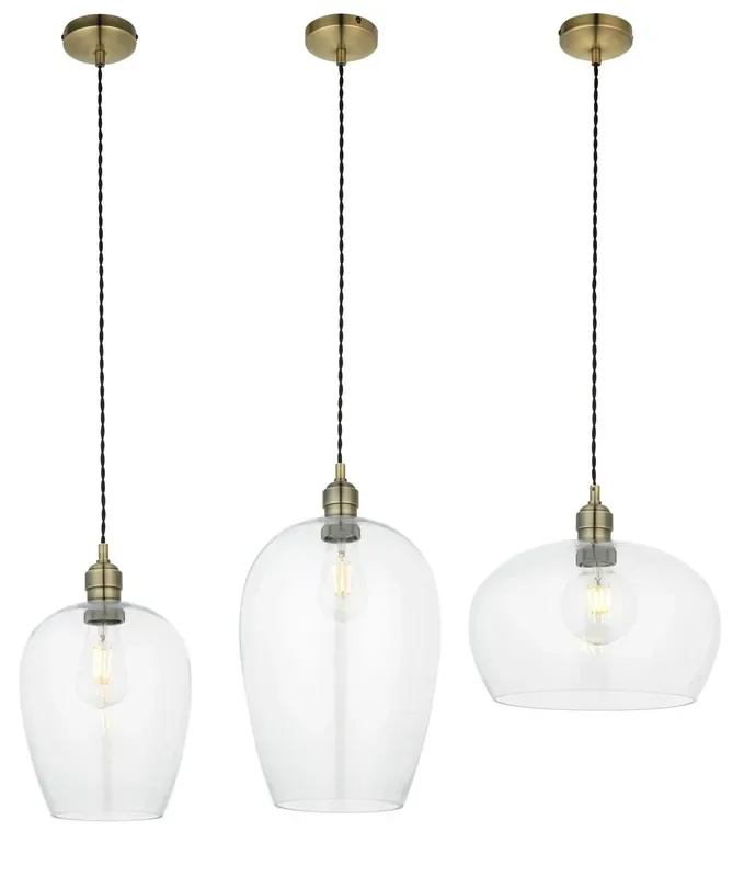 Single Glass Pendant Lights – Choice of 3 Designs with Antique Brass Detailing