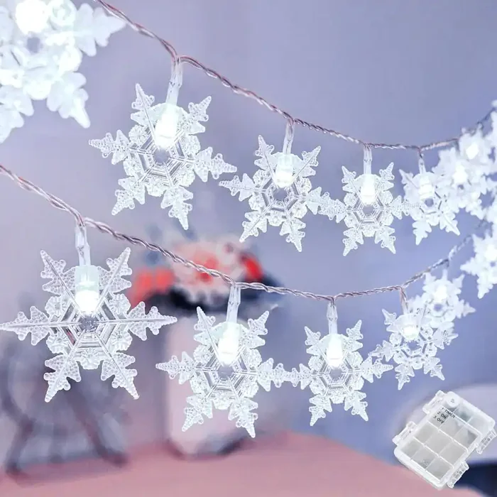 Snowflake Fairy Lights – 6M 40 LED Cool White, Battery Operated with Timer, Waterproof Christmas String Lights for Indoor & Outdoor Decoration, Bedroom, Patio, Garden, Party