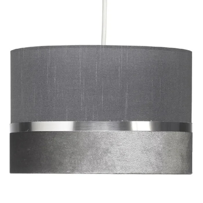Soft Grey Velvet & Fabric Drum Pendant Shade with Silver Metallic Band 30cm