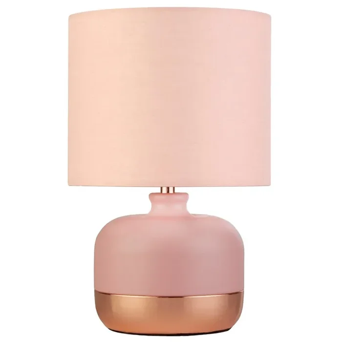 Soft Pink Ceramic & Copper Band Base Vintage Table Lamp with Cotton Shade 27cm